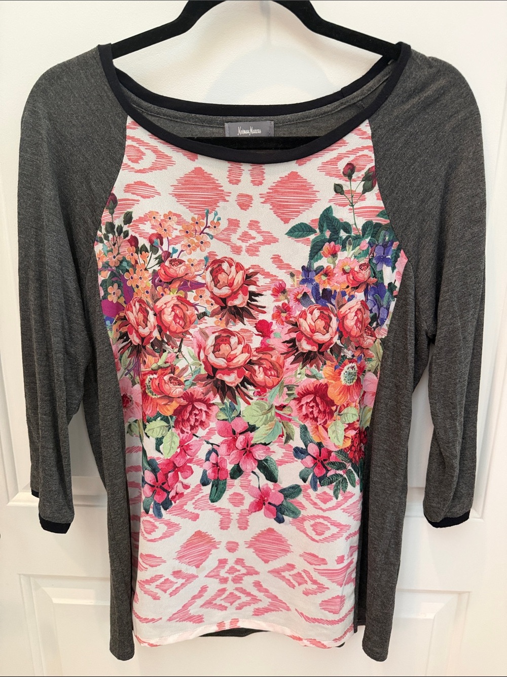 Neiman Marcus Pink Floral Raglan Long-Sleeve Tee with Gray Sleeves